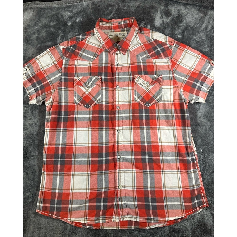 Urban Up Pipeline Western Shirt Plaid Short Sleeve Pearl Snap MENS XL